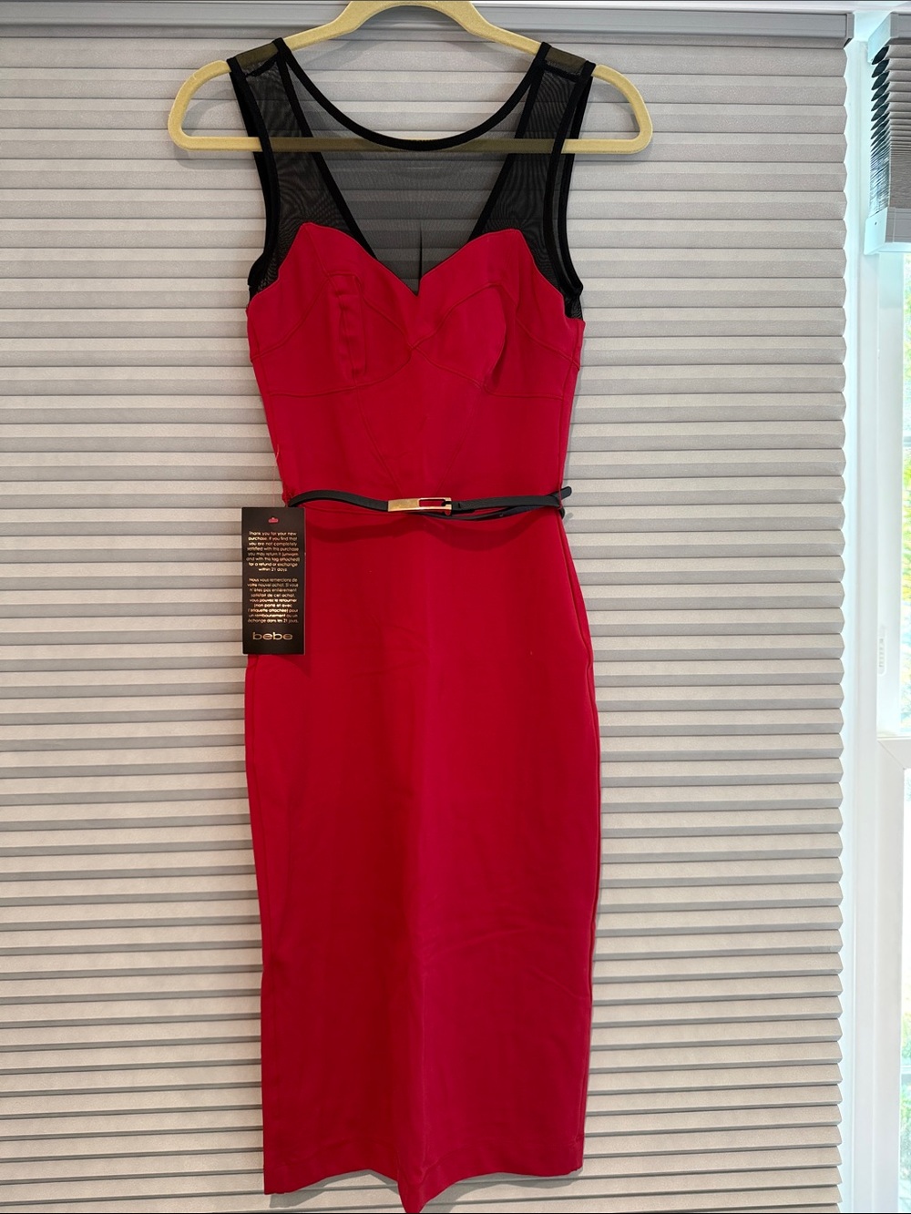 NWT bebe Red Midi Sheath Dress with Black Mesh Yoke and Belt - size XS